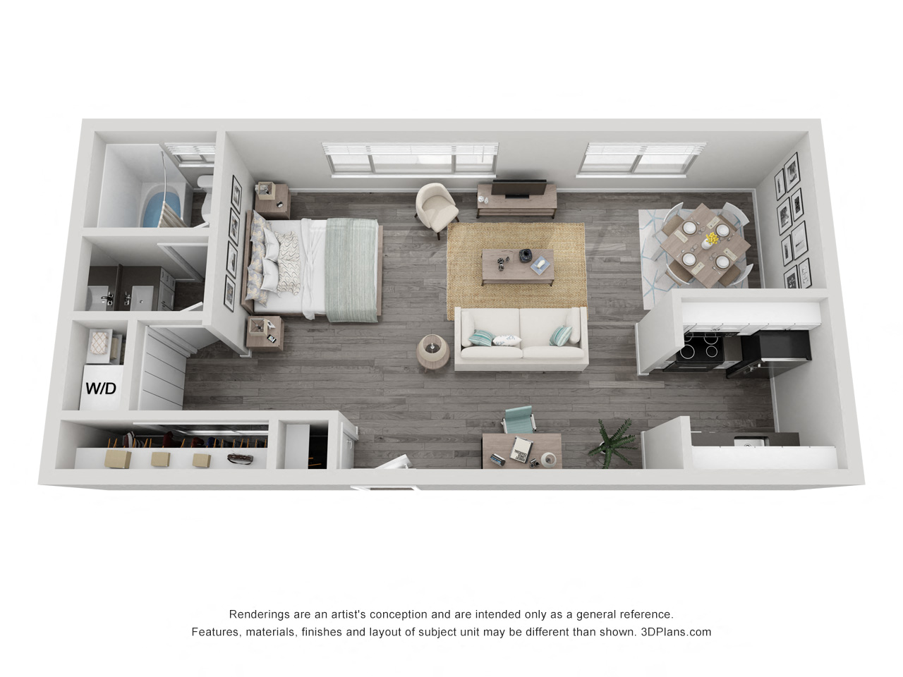 Floor plan for studio, 1 bath, 612 sqft